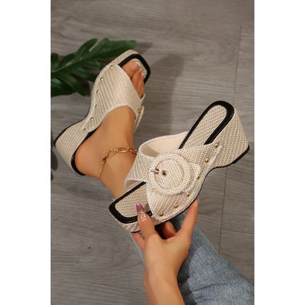 Beige Woven Buckle Decor Square Toe Chunky Wedge Slippers