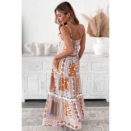 Orange Multi Printed Ricrac Trim Spaghetti Straps Maxi Dress