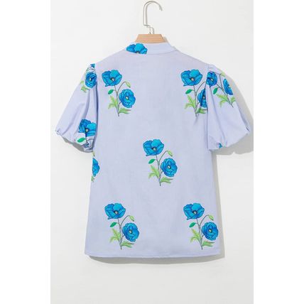 Sky Blue Floral Print Tie Split Neck Short Puff Sleeve Blouse