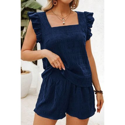 Dirty blue Textured Square Neck Top and Shirred High Waist Shorts Set