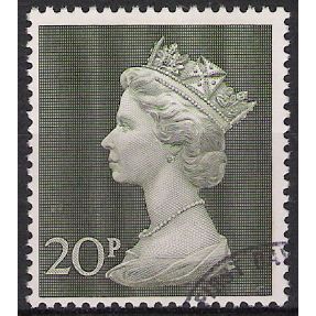 SG 830: 20p. olive-green Definitive: Queen Elizabeth II, chalk-surfaced paper.