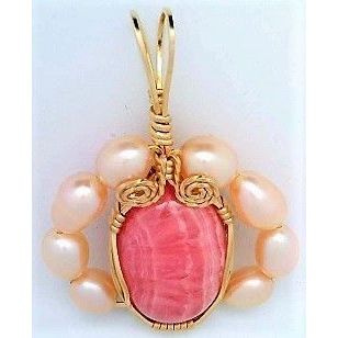 Rhodochrosite Pearl Gold Wire Wrap Gemstone Pendant 9