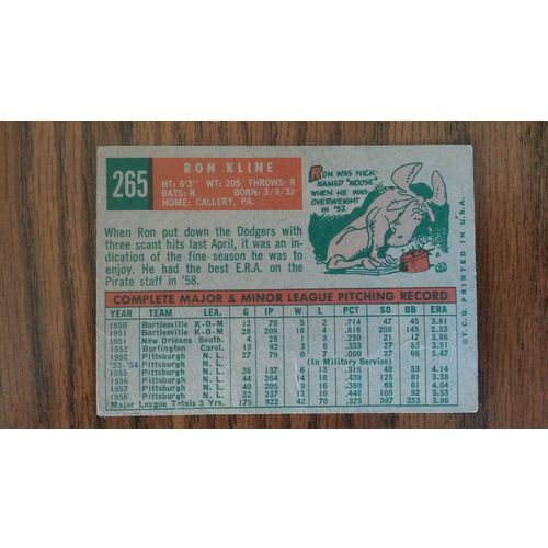 1959 Topps Card # 265 Ron Kline Good (2) Pittsburgh Pirates