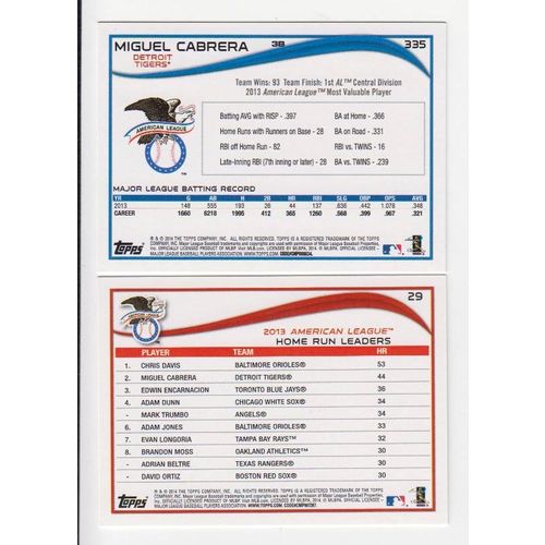 Lot of Two 2014 Topps Miguel Cabrera cards- #29, #335 -Tigers