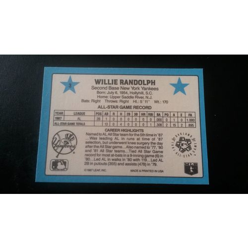 1988 Donruss All-Stars Card # 03 Willie Randolph Excellent (5) New York Yankees