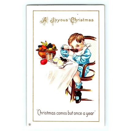 1913 Christmas Dinner Young Boy Embossed Postcard (A20)
