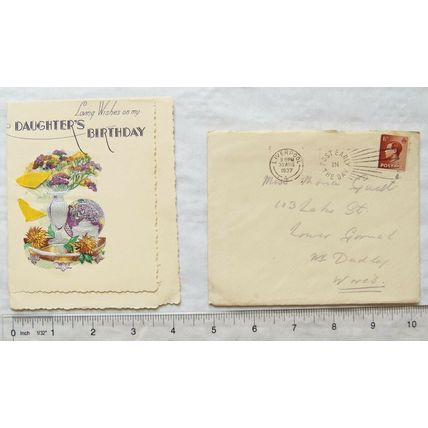 1937 Birthday card - Daughter - silver vase purple & yellow flowers