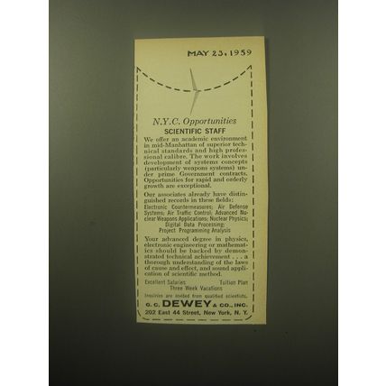 1959 G.C. Dewey Advertisement - N.Y.C. Opportunities Scientific Staff