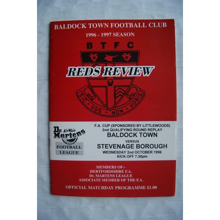 1996 programme Baldock Town v, Stevenage, FA Cup 2nd qualifying round replay