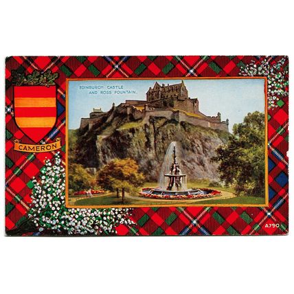 Postcard UK Scotland Edinburgh Castle & Ross Fountain border of Cameron tartan