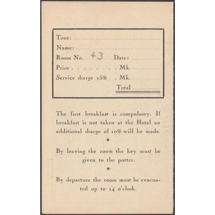 Information Card, Hotel Schweizerhof, Cologne, c.1920s