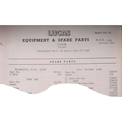 1960 CITROEN BIJOU LUCAS Equipment & Spare Parts List NVS 1709