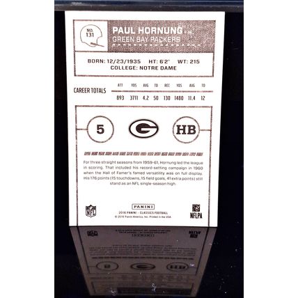 PAUL HORNUNG 2016 CLASSICS LEGENDS FOOTBALL CARD #131