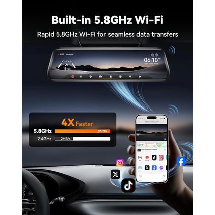 WOLFBOX G930 10'' Rear View Mirror Camera with 5.8Ghz Wifi, 4K Dash Cam Front an