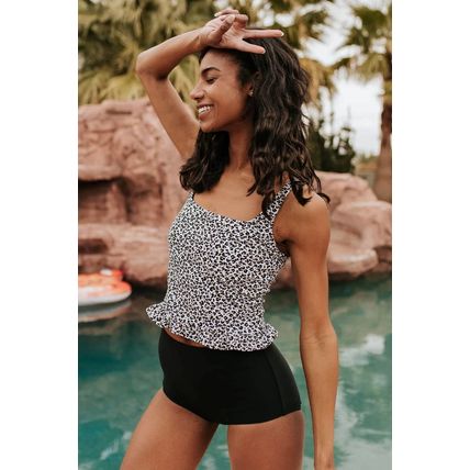 Leopard Ruffled Square Neck Peplum Swim Top