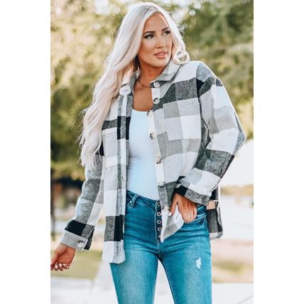 Gray Plaid Color Block Buttoned Long Sleeve Jacket with Pocket
