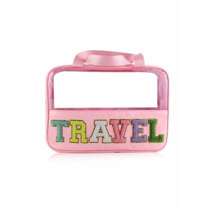 Light Pink TRAVEL Chenille Letter Clear PVC Makeup Bag