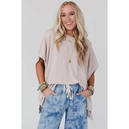 Apricot Ribbed Knit Batwing Sleeve Tunic Oversized T Shirt