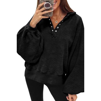 Black Solid Snap Buttons Collared Balloon Sleeve Oversized Sweatshirt