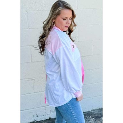 Bonbon Color Block Chest Pockets Half Button Plus Size Sweatshirt