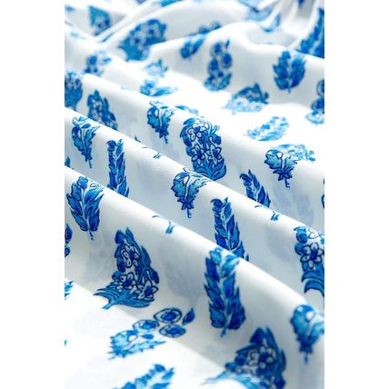 Sky Blue Boho Floral Printed Lantern Sleeve Frilled Neck Shirred Shirt