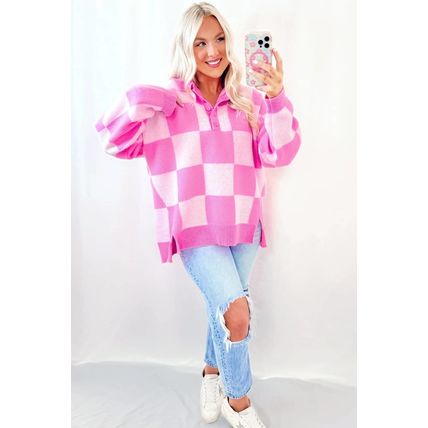Pink Checkerboard Half Button Collared Drop Shoulder Sweater