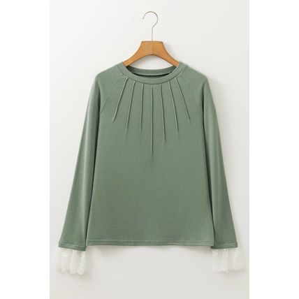 Grass Green Seam Detail Lace Contrast Cuffs Raglan Sleeve Top