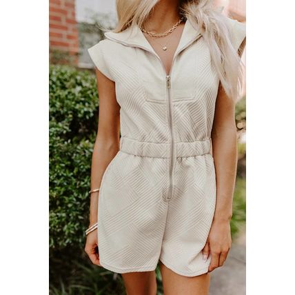 Jet Stream Textured Zipped Front V Neck Collared Casual Romper
