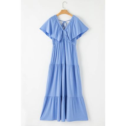 Sky Blue Textured V Neck Flutter Sleeve Ruffled Maxi Dress