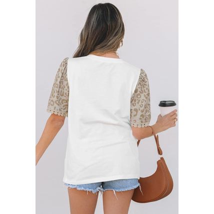White Leopard Patchwork Crochet Lace Trim Puff Sleeve T Shirt