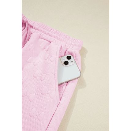 Pink Bow Jacquard Ruffle Sleeve Short 2pcs Outfit