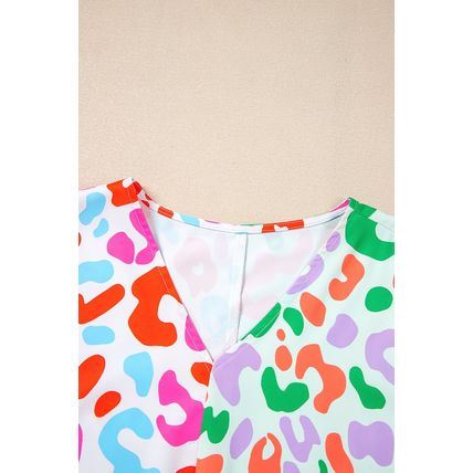 Green Contrast Leopard Print V Neck Short Sleeve Blouse