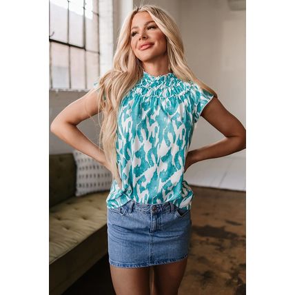 Sky Blue Abstract Print Frilled Crewneck Loose Fit Blouse