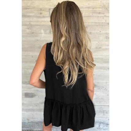Black Sleeveless Buttoned Front Ruffle Hem Tunic Shirt