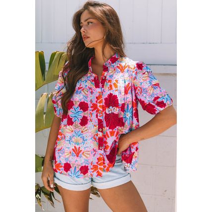 Pink Floral Print Bubble Sleeve Button Up Pleated Shirt