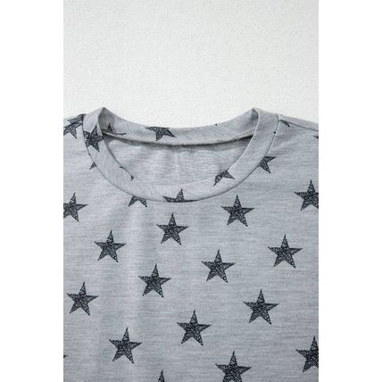 Gray Star Print Tiered Ruffled Sleeve Crew Neck T Shirt