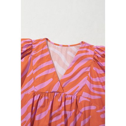 Orange Zebra Stripe Print Ruched Cuff Half Sleeve V Neck Blouse