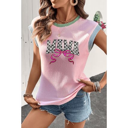 Pink MAMA Bow Graphic Contrast Trim Cap Sleeve 3D Rib T Shirt