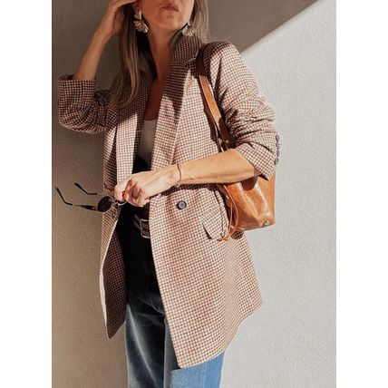 Brown Houndstooth Lapel Collar Blazer