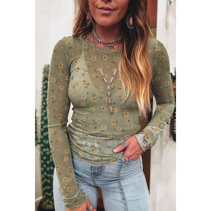 Laurel Green Vintage Floral Print Southern Style Mesh Long Sleeve Top