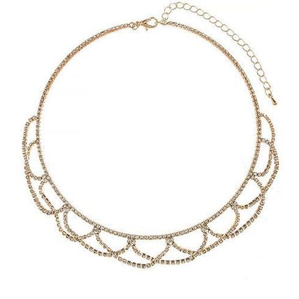 Interwoven Scalloped Rhinestone Bib Necklace - Gold #359 USA Seller