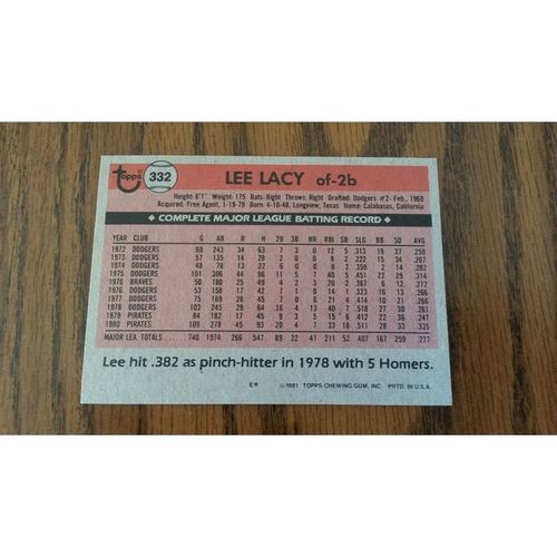 1981 Topps Card # 332 Lee Lacy Very Good - Excellent (4) Pittsburgh Pirates
