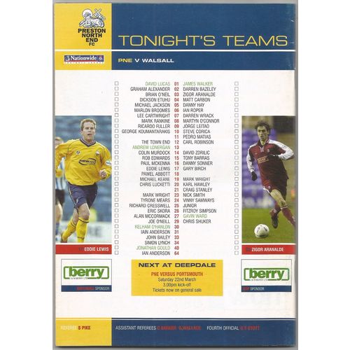 2002-03 PRESTON NORTH END v WALSALL (Excellent Condition No Writing)