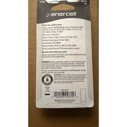 Enercell Cordless Phone Battery 600mAh, 3.6V (Brand New) 23-900 230-0900 Uniden