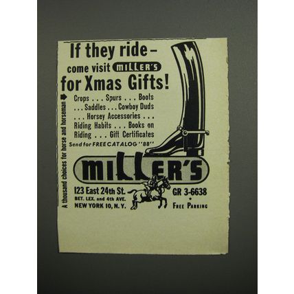 1952 Miller's Riding Apparel Ad - If they ride - come visit Miller's for Xmas