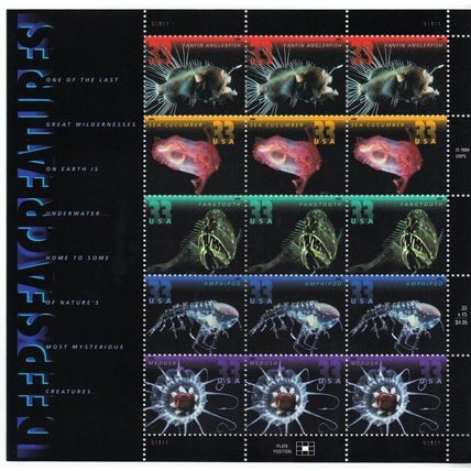 Deep Sea Creatures Complete Sheet of Fifteen 33 Cent Postage Stamps Scott 3439