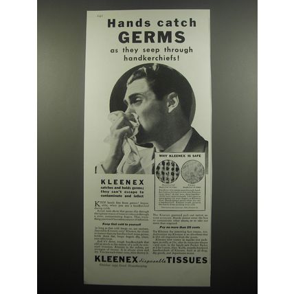 1933 Kleenex Tissues Ad - Hands catch germs as they seep through handkerchiefs