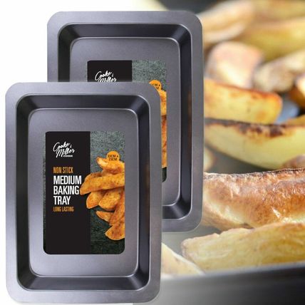 2x STEEL BAKING TRAYS Medium NON STICK Kitchenware Cooking Roasting Oven Dish