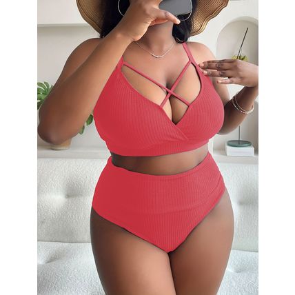 New Sexy Plus Solid Size Color Halter High Waist Bikini Swimsuit