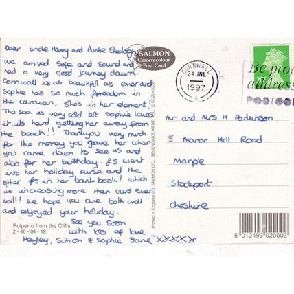 Polperro Cornwall Postcard posted 1997 creased